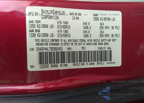 2005 Dodge Grand Caravan Sxt z USA, uszkodzony, nr VIN 2D4GP44L75R382453